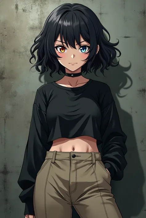  with wavy black hair with heterochromia in the eyes with black cropped and beige pants and black shoes with the character Smiley from Tokyo Revengers anime style Tokyo Revengers