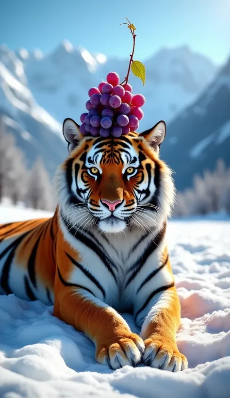 " Create a hyper-detailed 4K image of a majestic tiger lying on a snowy pasture with a perfectly shaped cluster of purple grapes balanced on its head .  The tigers fur is richly textured ,  with its orange and black stripes contrasting beautifully with pur...