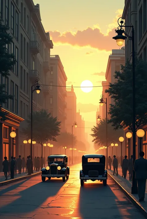  draw a street with a very light sunset. just a street from the 1930s !There should be no sun 