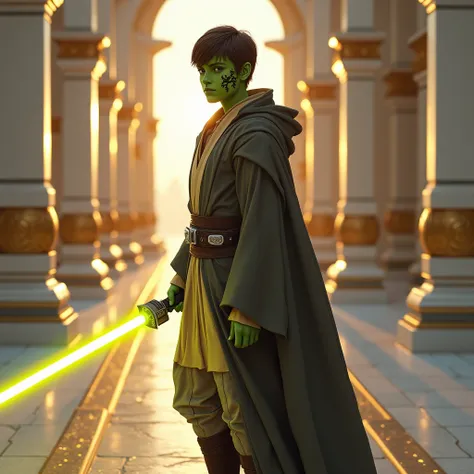  A green-skinned man with black tattoos on his face.  with blue eyes . Brown-haired with bangs .  He wears dark gray and tan Jedi robes  .  Wears dark gray boots .  He wears a single-leaf lightsaber of yellow color .  He is in the middle of a shiny ceramic...