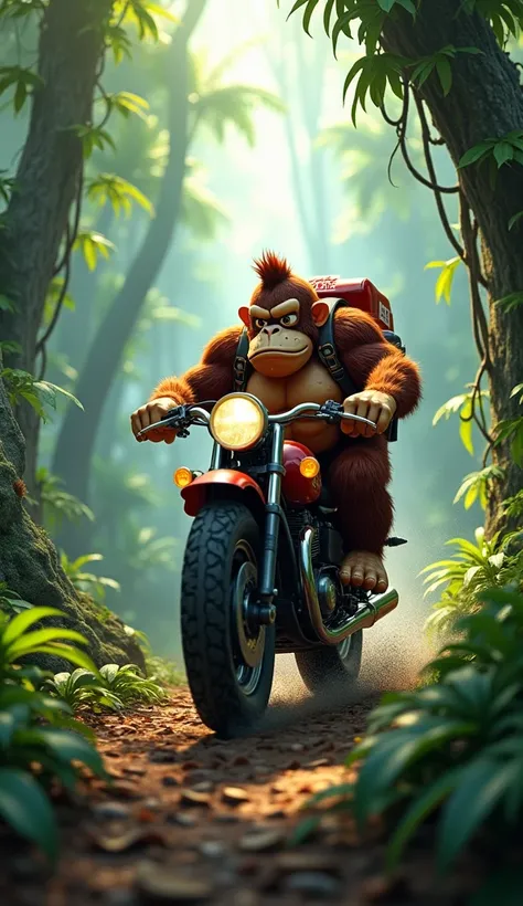 **Donkey Kong**  on a sturdy motorcycle in the rainforest, with the backpack  "iFood" clearly visible.