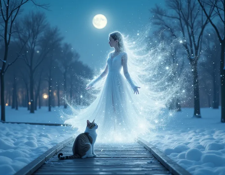 Asian snow model style ((ultimate photo)), snow particles, snow woman breaking apart and evaporating into snow, super wide angle, cinematic image, gradient of blue like stars and white like snow, light from full moon, cat looking up at me on park boardwalk...