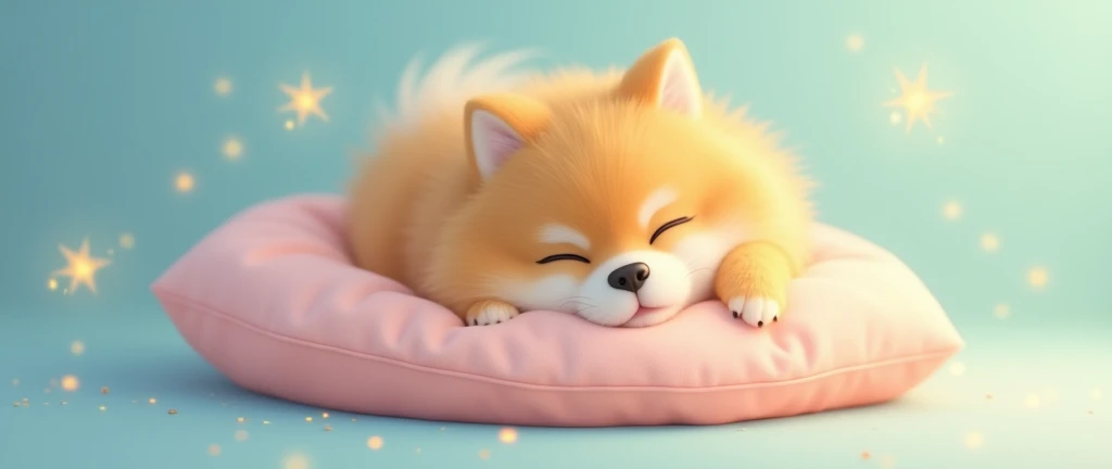 A Pomeranian dog with soft, fluffy golden fur, white fur on her snout and cheeks, a black nose, and white eyebrows. She is curled up, holding a small pastel-colored pillow with her paws, looking sleepy and content. The background is simple and soft, with a...