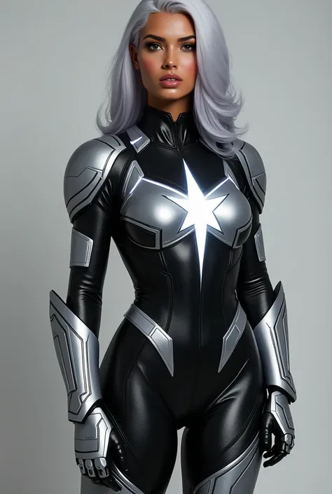 Gender Female, Dark Brown Pakistani, Hair Color White, Black with White Superhero Suit, Silver Armor, Body Curvy. Emblem Star, White Glowing Stripes on the suit 