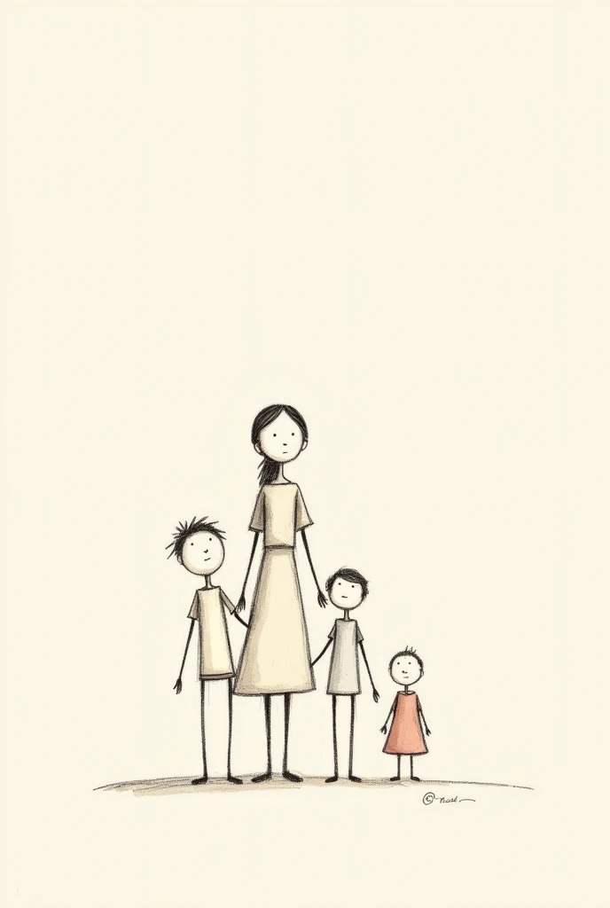 A drawing of sticks ,  of a mother with 2 boys and a girl