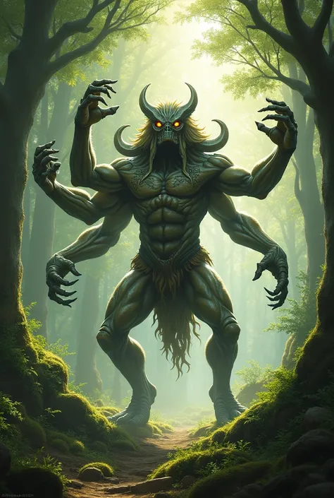 Generate me a six arm humanoid creature thats in a dynamic poses in a forest