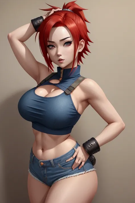 "Naruto" a beautiful young ninja woman, short straight red hair, attractive eyes, cute crop top and short denim shorts whale tail panties , body curves, big boobs, transmitting flexibility and charm 4k