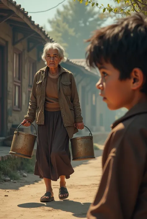 A boy who saw an old lady carrying 2 buckets and was confused 