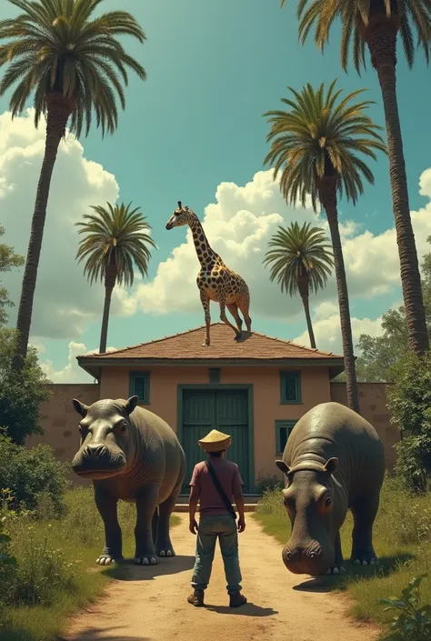 Asme an orphan boy ,  a man with the head of a pan , a hippopotamus,  behind a man on top of a palm tree , A giraffe,  and a t-rex all separately one next to the other except the man with the palm tree in that asylum back