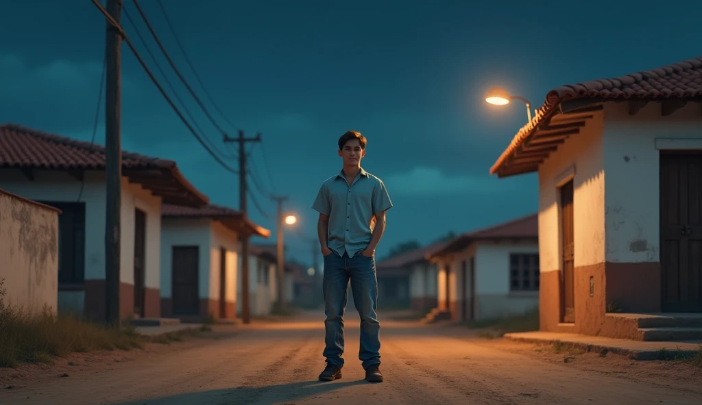 A realistic image of a young man named Tiago, around 20 years old, with short straight brown hair, fair skin and brown eyes. He wears a light blue shirt, faded jeans and dark sneakers. Tiago is standing on a dirt street in São Vicente, Minas Gerais, surrou...