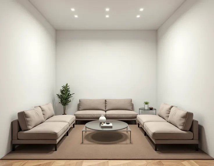 vertical image 9 :16,  acts as interior designer ,  of a very small room with cramped sofas, glass coffee table , with the unadorned white wall , ,  low ceiling : 2.40mt high ,  ceiling color :  white plain brown carpet, parquet floor,