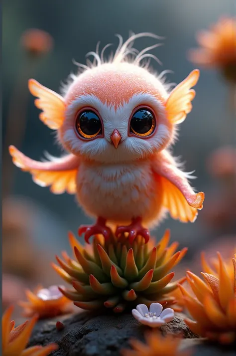  A tiny owl-like alien baby with soft, shimmering feathers in crystal pink and gold tones. Its wide eyes are glowing, and its small wings have intricate, shimmering patterns. The creature perches on a strange alien plant in a macro shot, surrounded by glow...