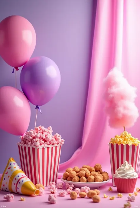  Generate a banner for a party company , with bladders , mini savory ,  cotton candy ,  popcorn and decorations .  With the background theme between purple and pink 