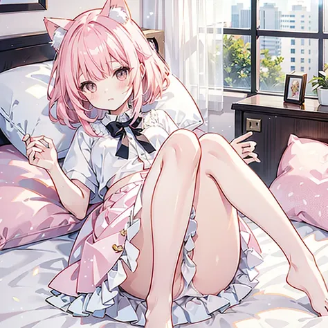 Charming Light Pink Hair Cat Ear Girl Wearing Mini Skirt，Upskirt with red face lying on the bed