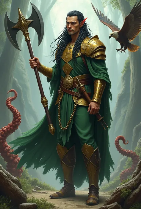 An elf man with dark and long hair, green clothing,  golden armor , two swords around the waist , a large orc axe in the hands and an eagle flying over, an octopus and a serpent 