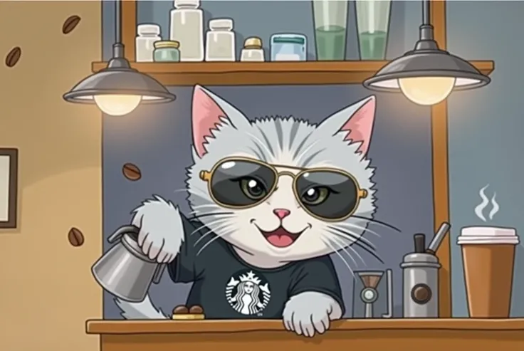 "A flamboyant, charismatic kitten standing confidently behind a coffee shop counter, styled as a trendy barista with a rebellious twist. The kitten is wearing oversized aviator sunglasses and a black t-shirt featuring a bold white Starbucks logo. Its pose ...