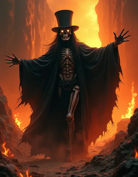 A man with the face of a skull ,  wearing a black cape and top hat reveals itself amidst intense flames ,  with open arms.  Her black cloak involves a female demon with bright white eyes, as she squirms .  The ground seems to open up in a descent to the un...