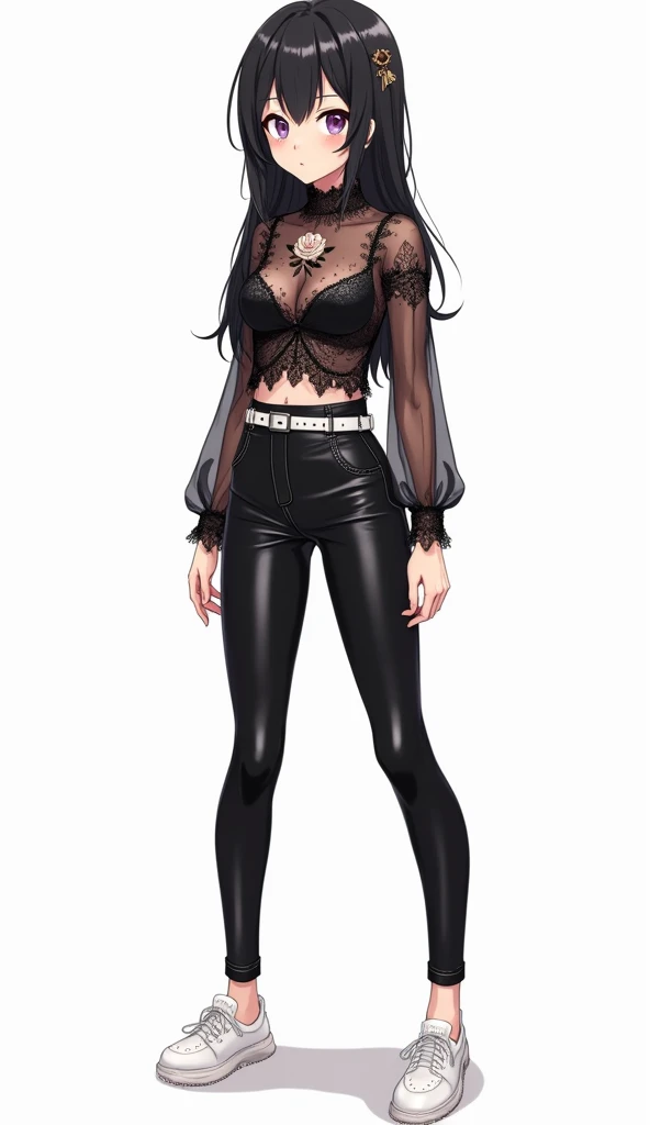 An anime teenage woman wearing a semitransparent black lace blouse,  decorated with floral details in shades of pink and beige .  She wears tight pants made of leather or vinyl material in black color ,  combined with a white belt that highlights her waist...