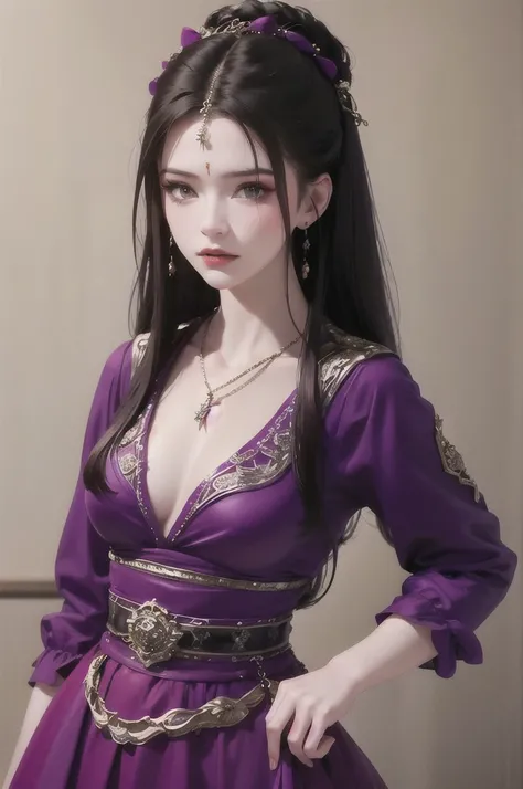 best quality, masterpiece, highres, official art, extremely detailed cg unity 8k wallpaper, 1girl, long hair, jewelry, hair ornament, realistic, shes wearing a beautiful dress in purple color, (((purple top and purple dress))), (((dark purple))), necklace,...