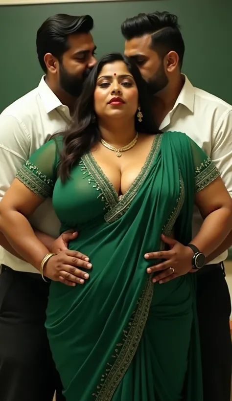 Front view,Full body image, indian hourglass body, Indian plus sized 29 year old Telugu teacher syamala, mouth slightly open, very huge breasts, wearing highly embroideried green colour glossy fully transparent chiffon deep neck blouse and green colour glo...