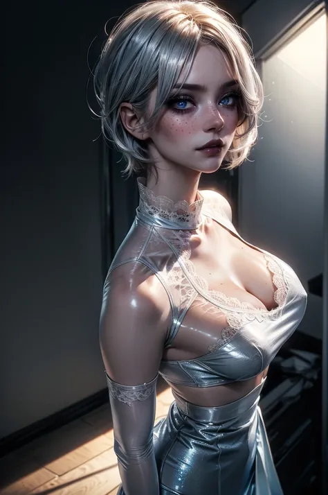 lora_Emma, perfecteyes eyes, tutultb, full body shot, a girl with silver hair, very short pixie hairstyle, blue eyes, freckles, (glossy and shiny clothing), exquisite outfit, (knotted white colored silk shirt with lace), (super high quality luxurious silve...