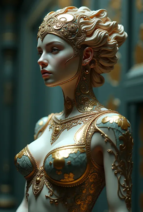 The goddess of wisdom and intelligence, head to breast, highly technologically advanced. High Resolution, Masterpiece, Award Winning, Best Quality, High Details, High Quality, UHD, Optical Illusion, Impressionism, Art Deco, Cinematic, Cinematography, Futur...