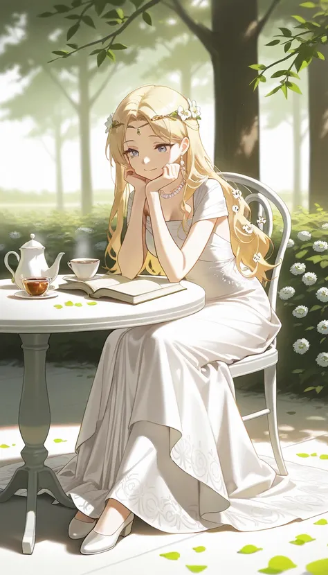 elegant style, soft realism, best quality, beautiful blonde-haired woman in intricate white goddess dress, sitting gracefully, elegant jewelry, peaceful and refined atmosphere, green petals scattered on the ground, soft shadows, gentle and serene expressio...