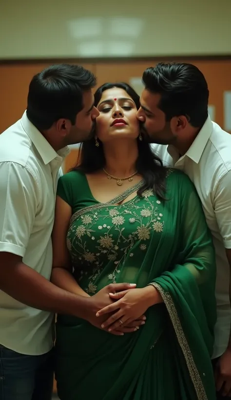 Front view,Full body image, indian hourglass body, Indian medium plus sized 29 year old Telugu teacher syamala, mouth slightly open, very huge breasts, wearing highly embroideried green colour glossy fully transparent chiffon deep neck blouse and green col...