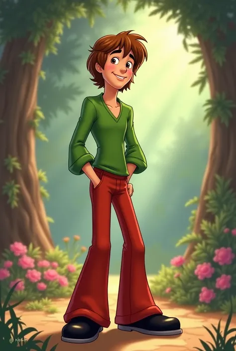 Shaggy rogers teen with a green V-neck shirt, red bell-bottom pants and black shoes in disney style 