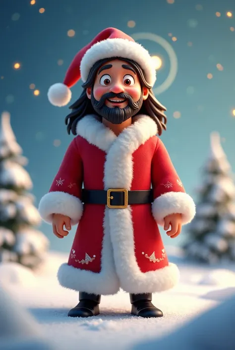 Jesus in Santa Claus clothes, imagem estilo cartoon 3d 