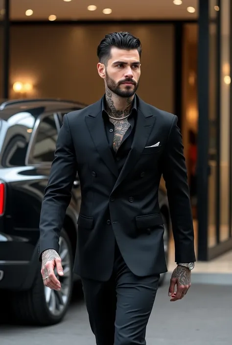 Can you create me an image of a very super handsome celebrity white male who is thirty eight years old, tattoos, perfect jawline with facial hair, slick back wavy black hair, Armani suit outfit, shoes, male rings, luxury watch, thin necklace, walking out o...