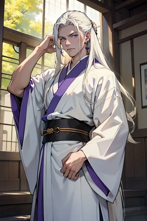 ((masterpiece)), (((best quality))), solo, 1 male, pale white skin, (long white hair), (((straight hair))), shoulder-length hair, side part, very handsome young man, lean, tall, broad shoulders, (large chest), (wide hips), (thick thighs), purple eyes, ((ca...