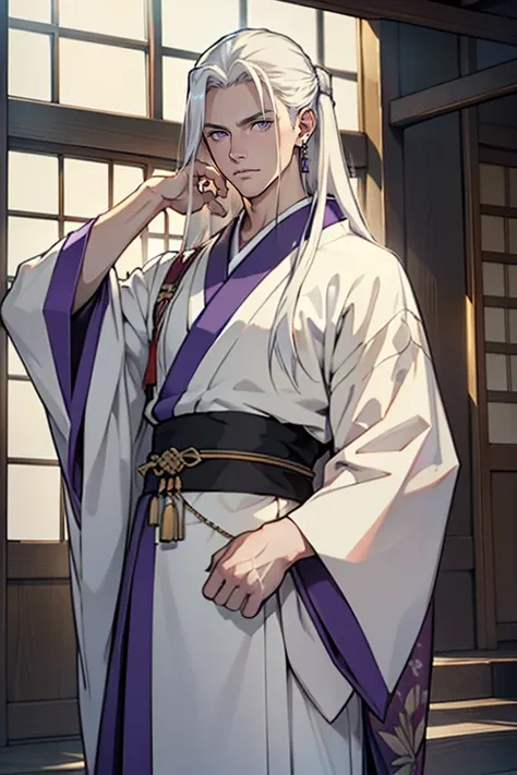 ((masterpiece)), (((best quality))), solo, 1 male, pale white skin, (long white hair), (((straight hair))), shoulder-length hair, side part, very handsome young man, lean, tall, broad shoulders, (large chest), (wide hips), (thick thighs), purple eyes, ((ca...