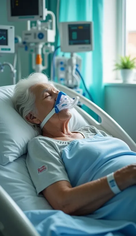 A highly detailed photograph of an elderly woman, around 85 years old, resting on a hospital bed. Her arms show IV access points, and she is wearing a breathing mask connected to a ventilator. The room is clean and professional, with medical monitors and e...