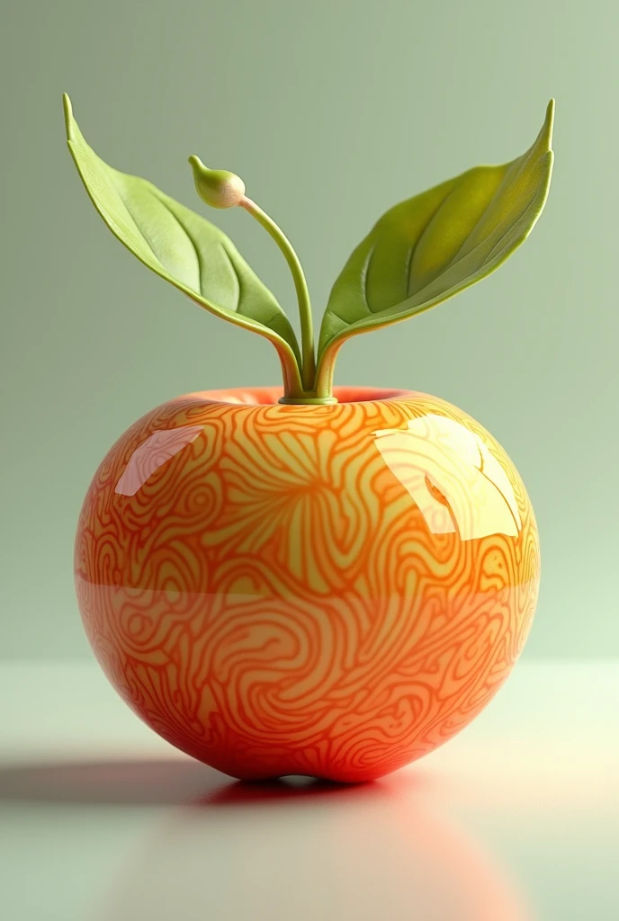 an orange lotus-shaped apple with swirls accompanied by a green stem shaped like the wings of a butterfly