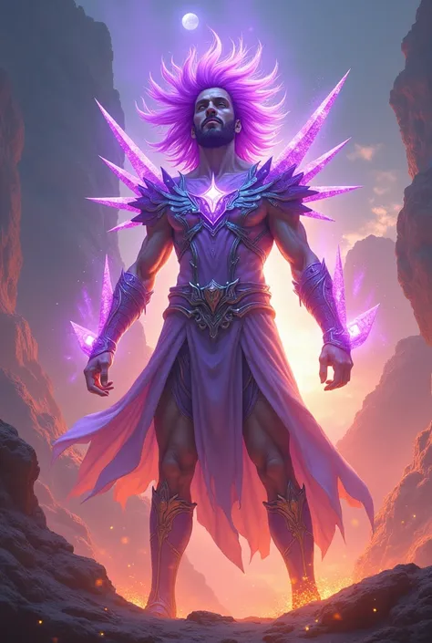 A man,Fantastic landscapes of exotic planets, spiritual、Healing、healer、optic.**Bright Colors**: The main character appears surrounded by glowing elements in bright colors such as orange, purple, and blue, giving a futuristic or superpowered feel. **Crystal...