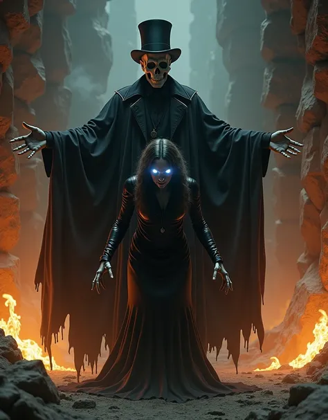 A man with the face of a skull ,  wearing a black cape and top hat reveals itself amidst intense flames ,  with open arms. He bravely confronts a demon, a woman with glowing white eyes., as she squirms .  The ground seems to open up in a descent to the und...