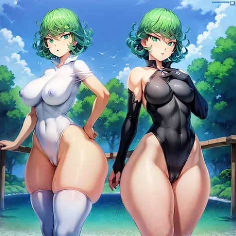 Tatsumaki ,  super busty , super big ass , super peirnas ,  transparent clothing , super short clothes , huge nipples , exposed legs, back and hips, marked ass and huge , super tetas , vagina avierta