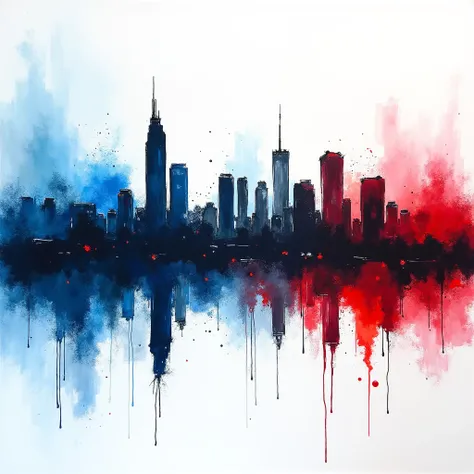  Abstract Painting ,  panorama of the city and its reflection in the water,  blue and red and black pen paint , with ink splash at the end 