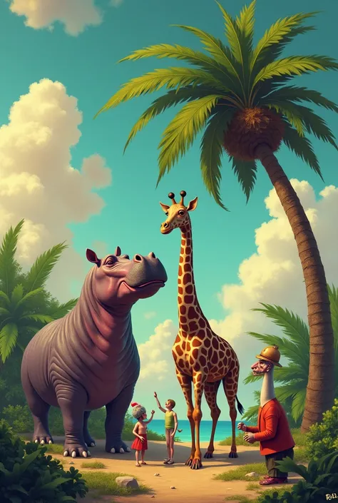  Generate a hippopotamus , A giraffe, a t rax  ,  a person on a palm tree , A crying ,  and a person with a frying pans head,  and two separate dwarves tides 