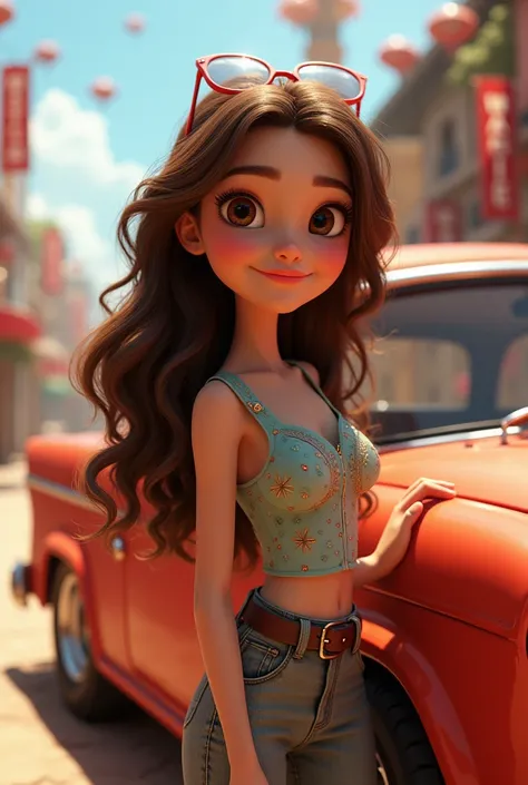 Disney inspired 3D poster/ Pixar capturing a Brunette Woman ,  Long Wavy Hair next to her car 