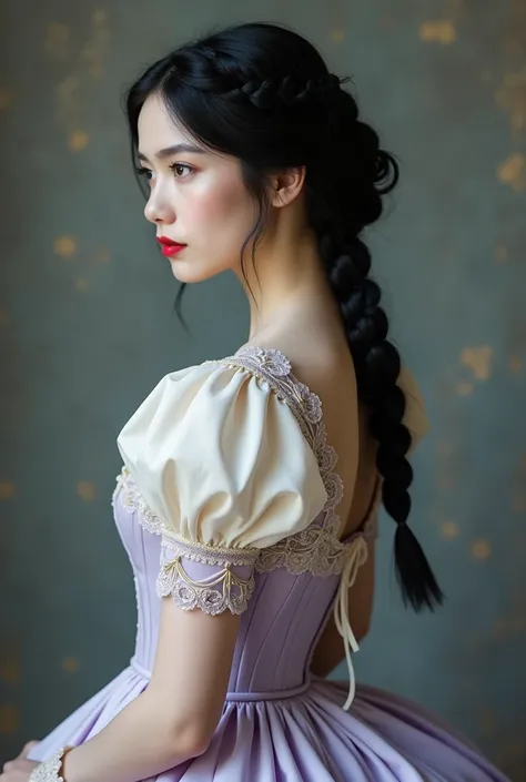  A young woman with extremely pale skin ,  with a delicate face that stands out thanks to the vibrant red of her lips . Her black hair, deep as night ,  is collected in a single perfectly crafted braid .  This begins at the root ,  precisely fitting the co...