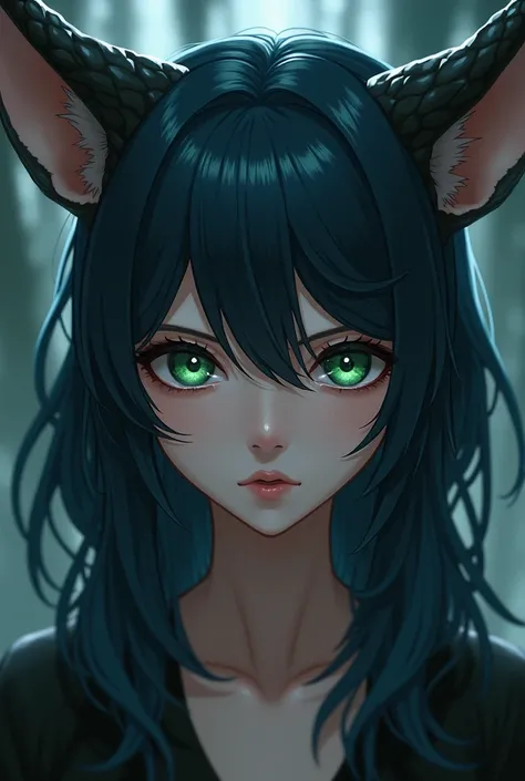  woman with dark green eyes and vertical pupils. Dark blue hair , slightly rounded anime-style horns 