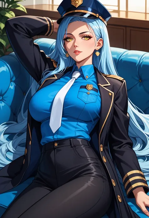 score_9,score_8_up,score_7_up, score_6_up,  source _anime, 1mature_FE, only 1 woman,  lying on a blue sofa,  flirty look,  light blue hair, very long hair ,  ironed hair, fine hair,  officers hat ,  yellow eyes ,  blue shirt with sleeves , white tie, black...