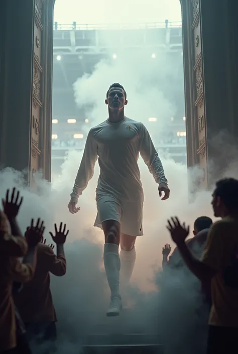 Create a photo of Cristiano Ronaldo coming out of smoke as if he were a god and several surrounding people applauding going to the entrance of a stadium
