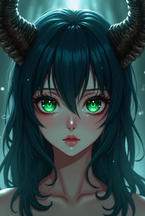  woman with dark green eyes and vertical pupils. Dark blue hair , slightly rounded anime-style horns 