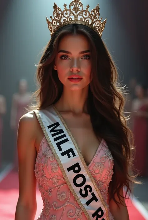 A girl with long hair from a beauty contest wearing a tiara and a girdle that says Miss Universe ((襷には"MILF POST"と大きく書かれている、))