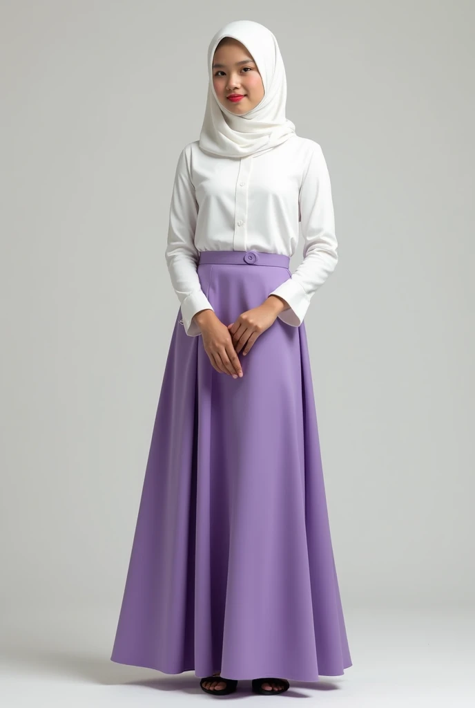 Malay girl  must wearing white baju kurung and white tudung, purple long skirt with black shoe