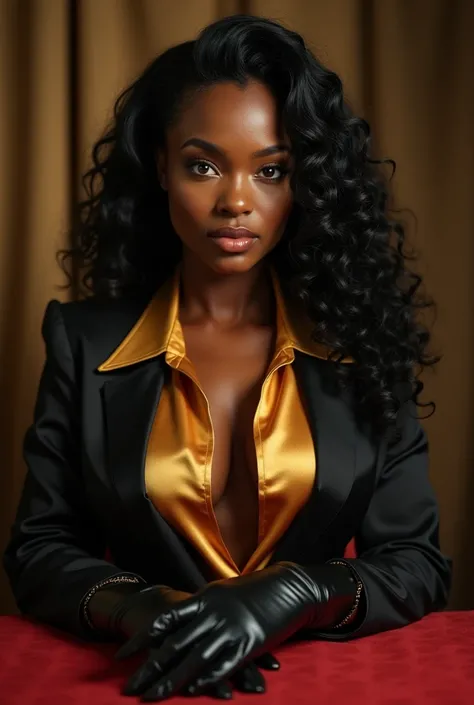 
1940s. Fearless, a ruthless and fearsome african  female criminal, with long black curly hair and amber eyes tightening gloves in elegant men&#39;s mafia suit,shiny gold satin shirt,big bursting breasts,exposed cleavage, leans forward on the table, posing...