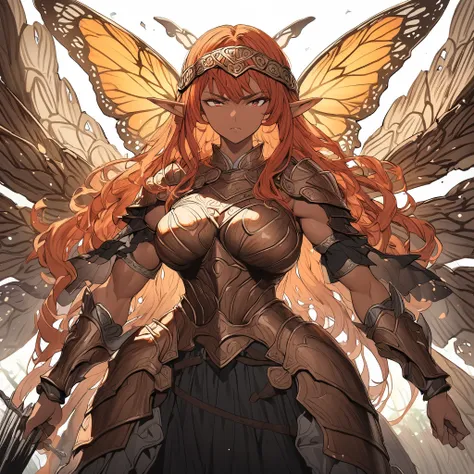 Anime, high detailed, 1 woman, mature woman, fairy woman, elf ears, extremely long spiked auburn hair, tanned skin, curvy body, big Breasts, celtic armor, celtic warrior armor, ornamented headband, skirt, narrowed eyes, serious, butterflys wings, spreading...